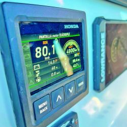 En el río San Antonio probamos el motor más potente de Honda Marina. Estaba montado sobre una embarcación de 26 pies. Su performance fue excelente: 22 nudos a unas 2.550 RPM con un consumo aproximado  de 35 litros por hora.