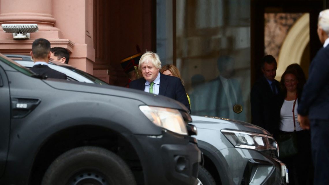 Former British prime minister Boris Johnson leaves Casa Rosada Presidential Palace in Buenos Aires on October 14, 2024, after meeting Argentina's President Javier Milei. 