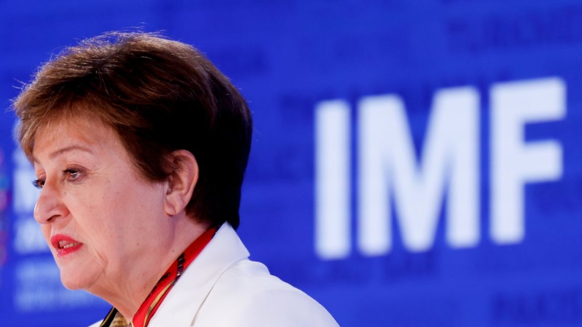 Kristalina Georgieva, chief executive officer of the World Bank Group, speaks at a briefing at the annual meetings of the International Monetary Fund 