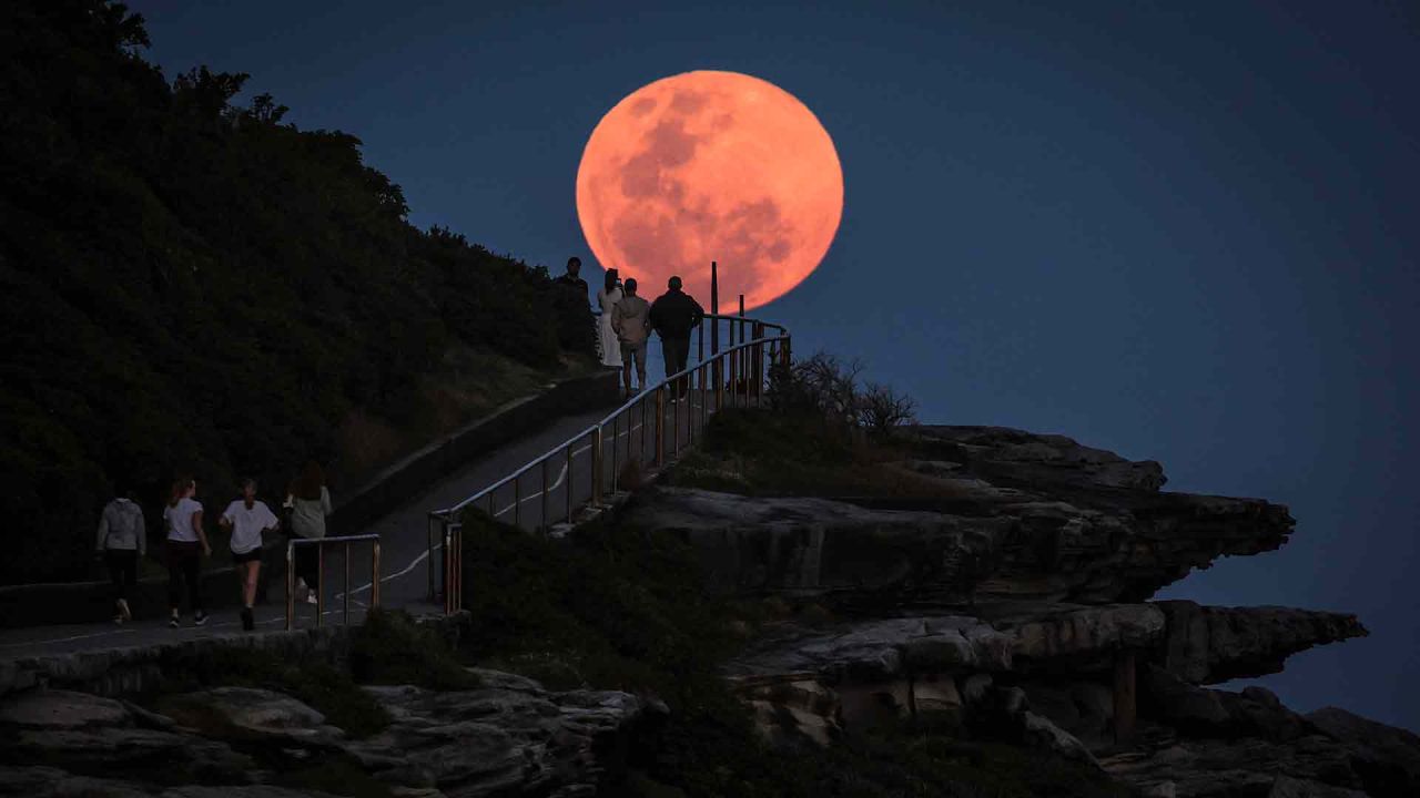 Una superluna se eleva detrás de personas que se encuentran en un promontorio cerca de Bondi Beach, Sydney. Foto de DAVID GRAY / AFP | Foto:AFP