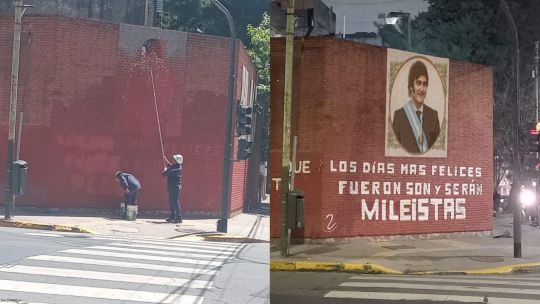 Taparon un mural de Perón en Caballito y en redes circuló un montaje con una pintada de Milei