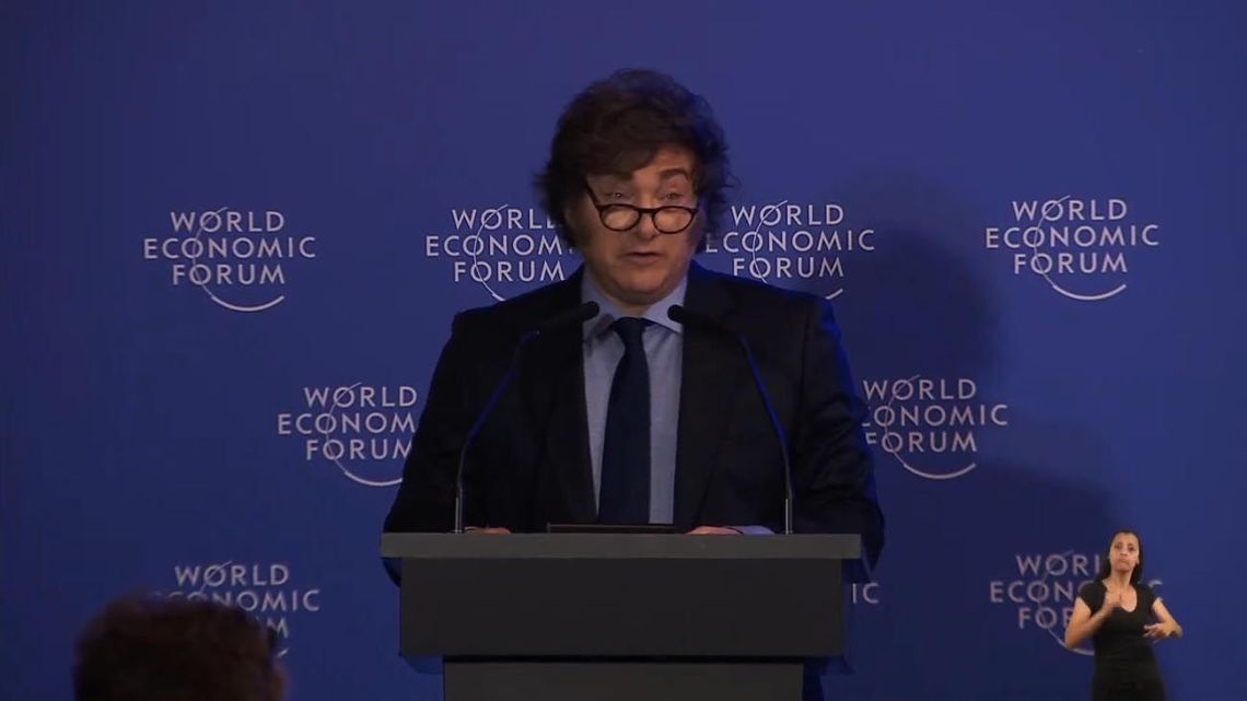 President Javier Milei speaks at a World Economic Forum event at the Palacio Libertad in Buenos Aires.