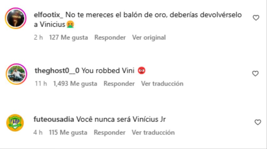 Algunos de los comentarios que recibió De Paul de los seguidores de Vinicius.