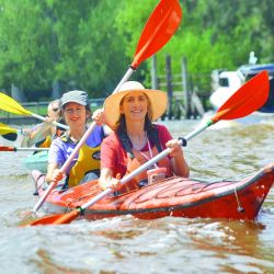 Izquierda: el arroyo Rama Negra tiene una senda donde se recorren bosques y se descubre el paisaje isleño. Arriba izq.: el maravilloso paisaje es legado de Carlos Thays. Arriba der.: conviene utilizar kayaks dobles o triples porque demandan menos esfuerzo. 