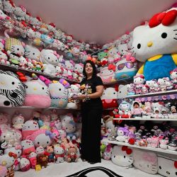 En esta imagen, Helen, fundadora del club de fans 'Hello Kitty SoCal Babes', posa con su colección dentro de su "she-shed" en el condado de Riverside, California. Hello Kitty celebra su 50 aniversario el 1 de noviembre. | Foto:Frederic J. Brown / AFP