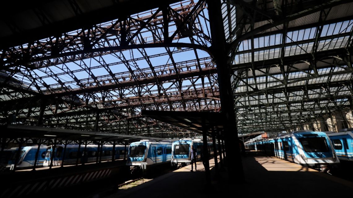 Trains are seen inside the closed Constitution railway station during a 24-hour strike of all transportation, except buses, called by workers' unions against the economic policies of President Javier Milei in Buenos Aires on October 30, 2024. 