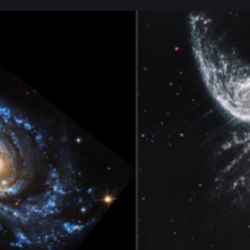 Dos vistas de las galaxias en espiral IC 2163 y NGC 2207. La vista en luz ultravioleta y visible del telescopio espacial Hubble de la NASA está a la izquierda, y la vista en luz del infrarrojo medio del telescopio espacial James Webb de esta agencia está a la derecha. NASA, ESA, CSA, STScI
