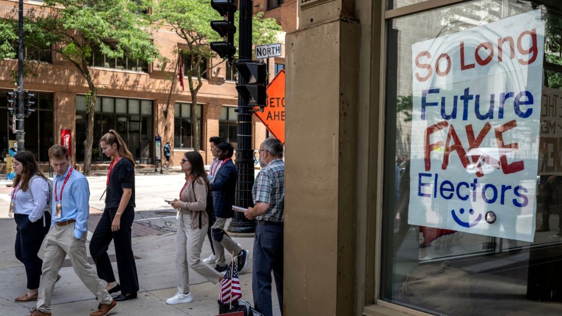 A ‘Future Fake Electors’ sign in a store window during the Republican National Convention in Milwaukee.