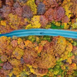 Vista aérea tomada con un dron de un vehículo circulando por una carretera en el Parque Nacional de Mavrovo, Macedonia del Norte. | Foto:Xinhua/Tomislav Georgiev