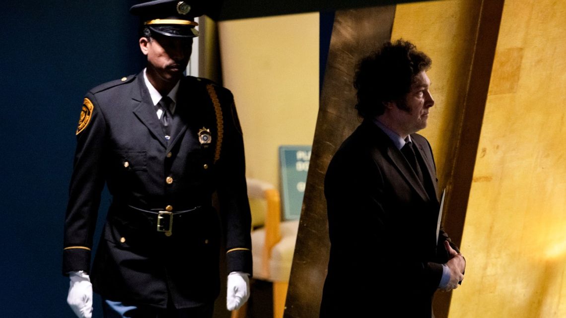 Javier Milei arrives to speak during the United Nations General Assembly in New York on September 24, 2024.