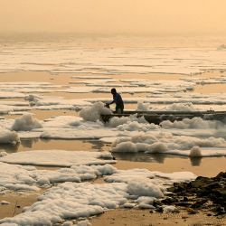 Un hombre dirige su bote a través del río Yamuna cargado de espuma tóxica, mientras el smog envuelve Nueva Delhi, India. | Foto:MONEY SHARMA / AFP