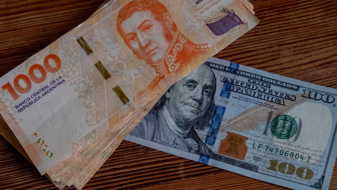 Argentine peso banknotes equivalent to 100 US dollars in Buenos Aires.