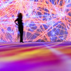 Un visitante camina entre los "Maillages Cosmique", creados por el artista digital y virtual francés Miguel Chevalier en la exposición "Pixels", una experiencia interactiva en la encrucijada del arte y la inteligencia artificial, en el Grand Palais Immersif de París. | Foto:JOEL SAGET / AFP