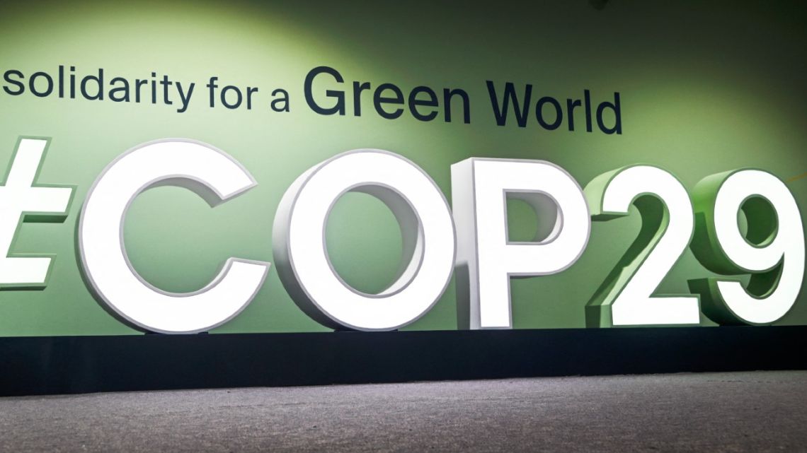 The logotype at the venue for the 2024 United Nations Climate Change Conference (COP29) in Baku on November 11, 2024.