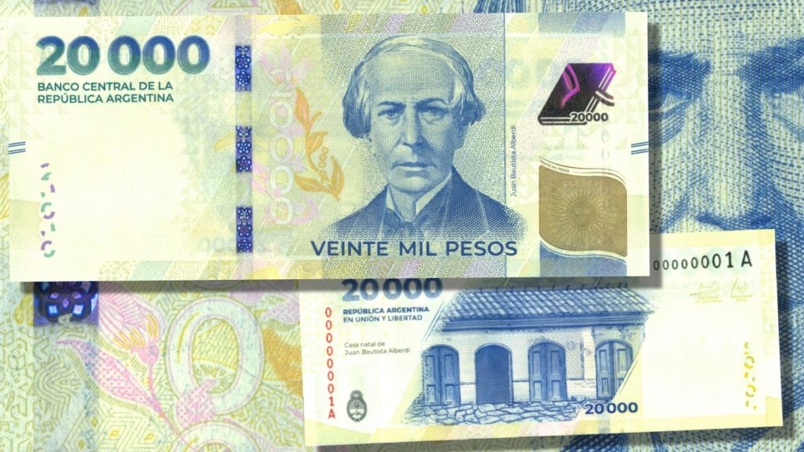 Image released by the Central Bank of Argentina showing the new 20,000-peso bill entering into circulation.