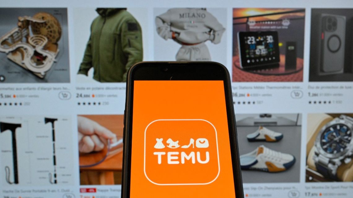 This photograph shows the logo of Chinese e-commerce company Temu displayed on a mobile phone