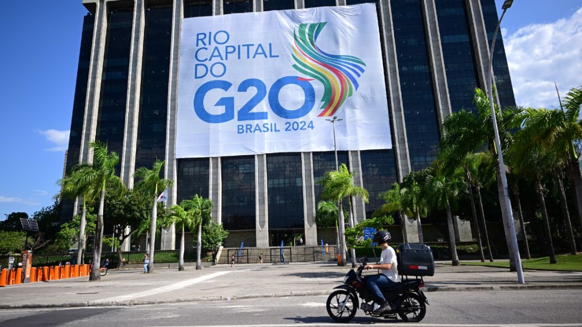 A G20 Summit banner is displayed at the City Hall in Rio de Janeiro, Brazil, on November 12, 2024. rThe G20 Leaders' Summit will take place in Rio de Janeiro between November 18 and 19, 2024. 