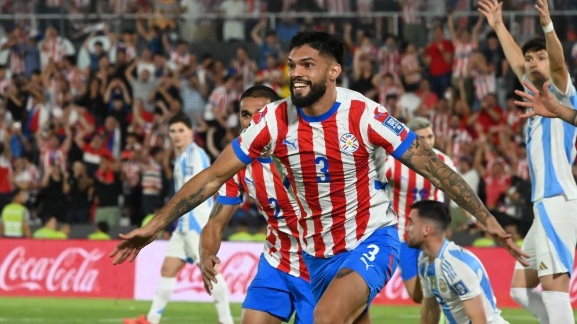 Paraguay's defender Omar Alderete celebrates after scoring during the 2026 FIFA World Cup South American qualifiers football match between Paraguay and Argentina at the Ueno Defensores del Chaco stadium in Asunción on November 14, 2024. 