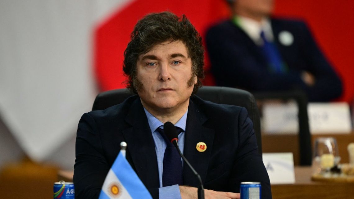 Argentina's President Javier MIlei looks on during the second session of the G20 Leaders' Meeting in Rio de Janeiro, Brazil, on November 18, 2024. 