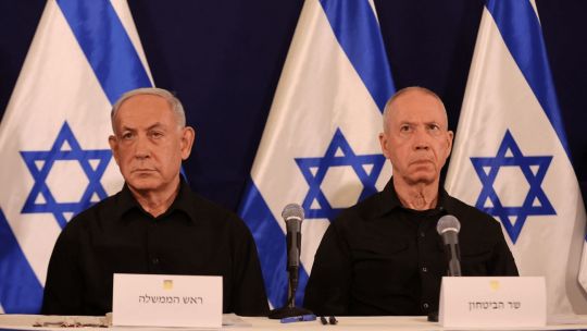 Benjamin Netanyahu and Yoav Gallant attend a press conference in the Kirya military base in Tel Aviv on October 28, 2023