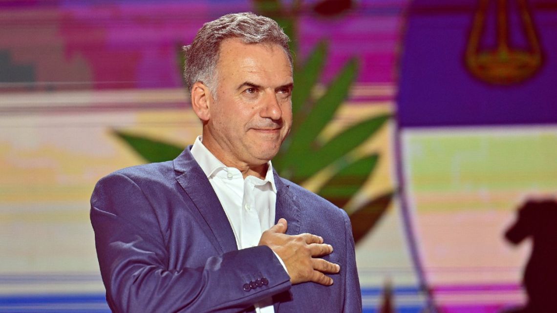 Uruguay's president-elect, Yamandu Orsi, of the Frente Amplio coalition, gestures as he delivers his victory speech after the presidential runoff election in Montevideo on November 24, 2024. 