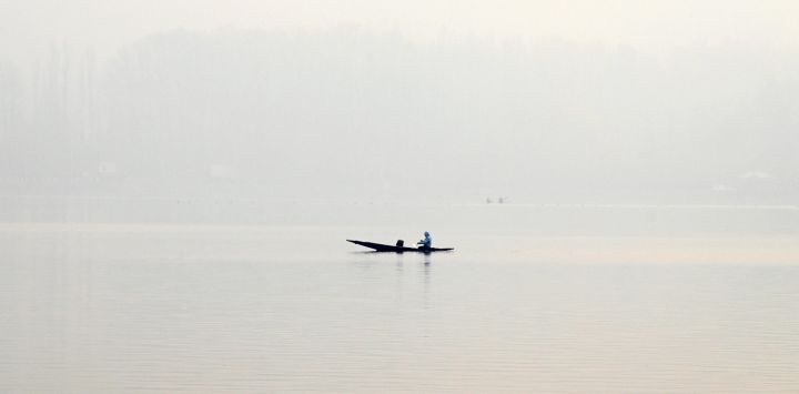 Un hombre rema en su bote en las aguas del lago Dal en medio de la niebla en Srinagar, India.