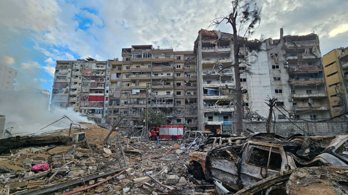 destruction and debris on Beirut's southern suburb of Haret Hreik on November 27, 2024, which was targeted by Israeli strikes hours before a Hezbollah-Israel ceasefire took effect.