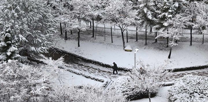 Un hombre camina por un parque cubierto de nieve después de una nevada en Goyang, Corea del Sur.