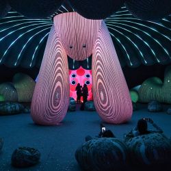 Los visitantes interactúan con una pantalla de luz e inteligencia artificial inmersiva en la exposición "Modern Guru and the Path to Artificial Happiness" del estudio de arte australiano Eness en el centro comercial Icon Siam en Bangkok, Tailandia. | Foto:LILLIAN SUWANRUMPHA / AFP