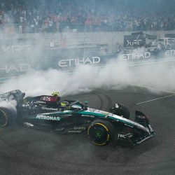 El piloto británico de Mercedes, Lewis Hamilton, realiza una maniobra de donut al final del Gran Premio de Fórmula Uno de Abu Dabi en el Circuito Yas Marina en Abu Dabi. | Foto:ANDREJ ISAKOVIC / AFP