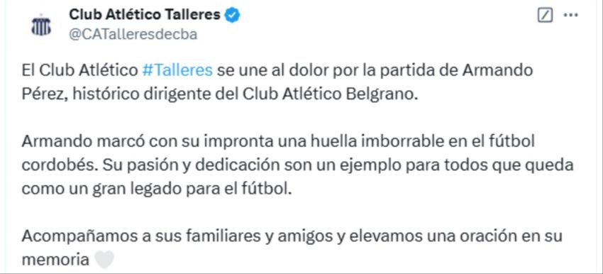 Talleres se sumó a la despedida de Armando Pérez.