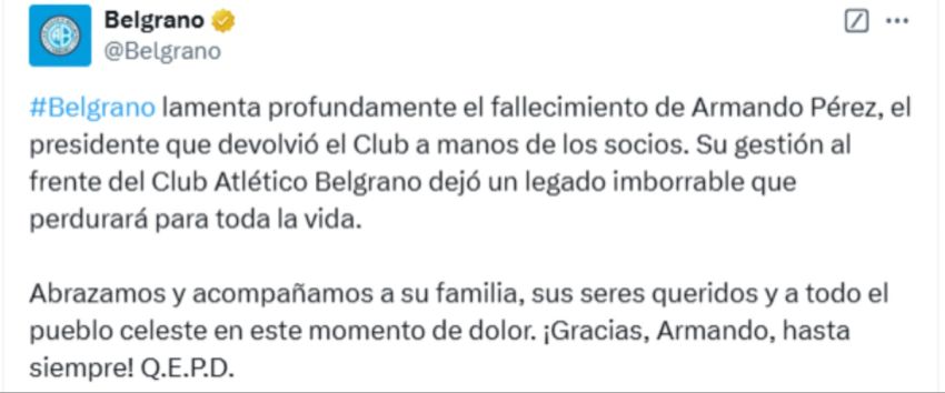 Así despidió Belgrano a Armando Pérez en sus redes sociales.