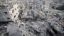 Destroyed buildings following an Israeli airstrike at the Nuseirat refugee camp in central Gaza.