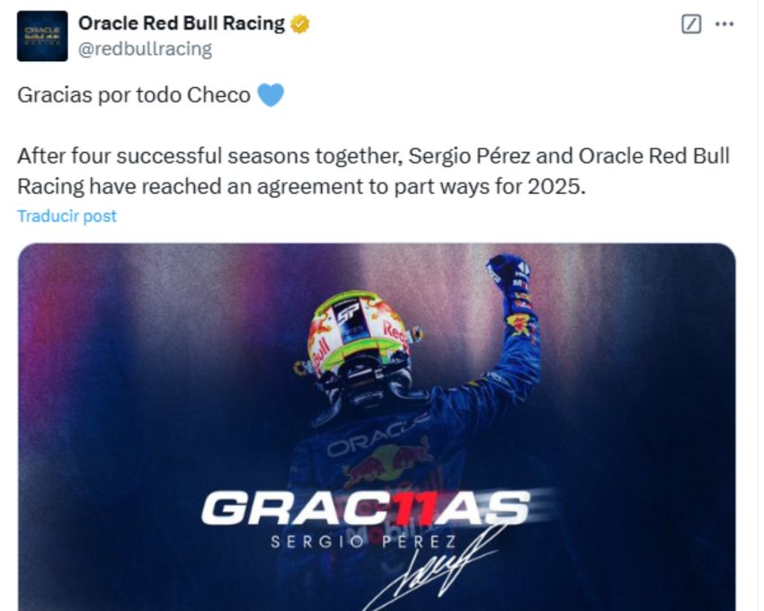 Así despedían de Red Bull a Checo Pérez.