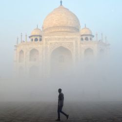 Un hombre pasa frente al Taj Mahal en una fría mañana de niebla en Agra. | Foto:PAWAN SHARMA / AFP