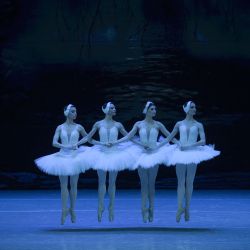Bailarines de ballet interpretan "El lago de los cisnes", compuesta por el compositor ruso Pyotr Tchaikovsky, en la Ópera de Donbass en Donetsk, Ucrania controlada por Rusia. | Foto:STRINGER / AFP
