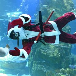 Un buzo vestido de Papá Noel saluda a los visitantes durante un espectáculo submarino con temática navideña en el Lotte World Aquarium de Seúl. | Foto:Jung Yeon-je / AFP