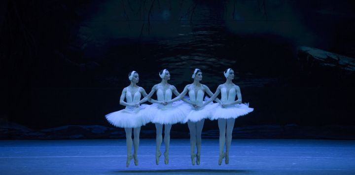 Bailarines de ballet interpretan "El lago de los cisnes", compuesta por el compositor ruso Pyotr Tchaikovsky, en la Ópera de Donbass en Donetsk, Ucrania controlada por Rusia.