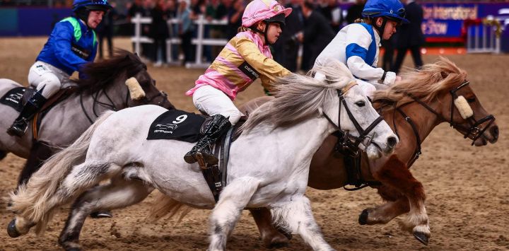 Las jóvenes jockeys Fiona Smith (izq.), Ellie Day (centro) y Fleur Smith (der.) compiten en el Shetland Pony Grand National en la arena principal del London International Horse en el ExCel de Londres.