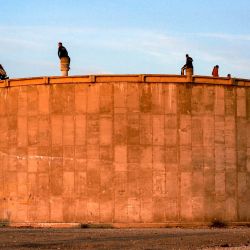 Los niños se sientan al atardecer sobre un tanque de almacenamiento de agua de hormigón con vistas al complejo de la ciudad residencial de Hamad, en el norte de Khan Yunis, en el sur de la Franja de Gaza, en medio de la guerra en curso en el territorio palestino entre Israel y Hamás. | Foto:Bashar Taleb / AFP