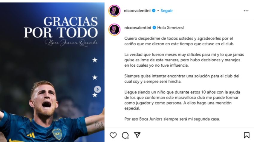 Así se despidió Valentini de Boca a través de sus redes sociales.