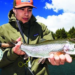 Arcoíris del Futaleufú pescada vadeando con una Striptease oliva con agregado de una cuenta de plástico en el tippet simulando una ova. Y Pablo pescando los drop offs de la laguna Larga desde el bote