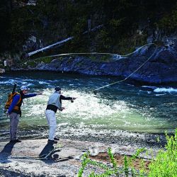Arcoíris del Futaleufú pescada vadeando con una Striptease oliva con agregado de una cuenta de plástico en el tippet simulando una ova. Y Pablo pescando los drop offs de la laguna Larga desde el bote