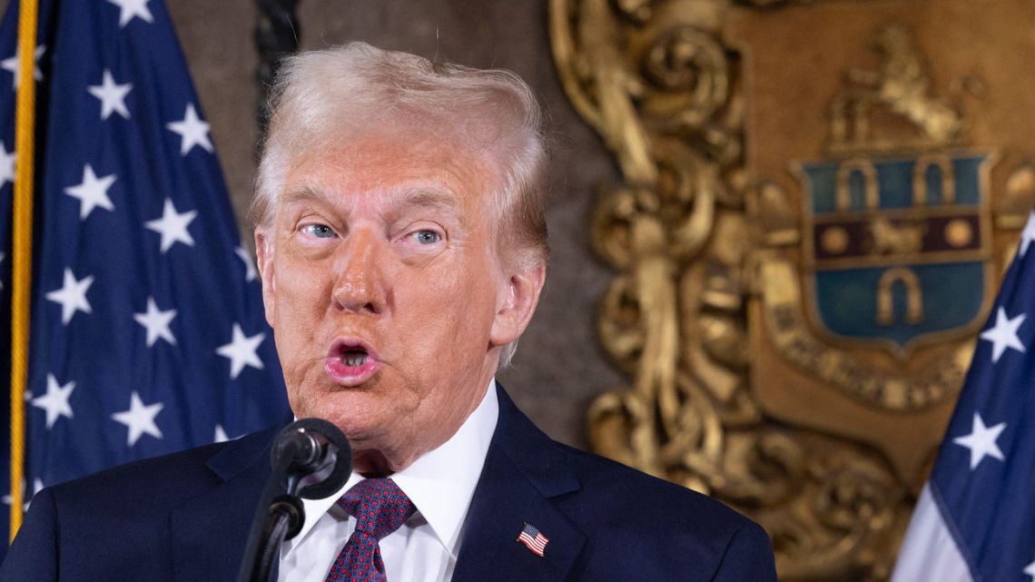 US President-elect Donald Trump speaks to members of the media during a press conference at the Mar-a-Lago Club on January 07, 2025 in Palm Beach.