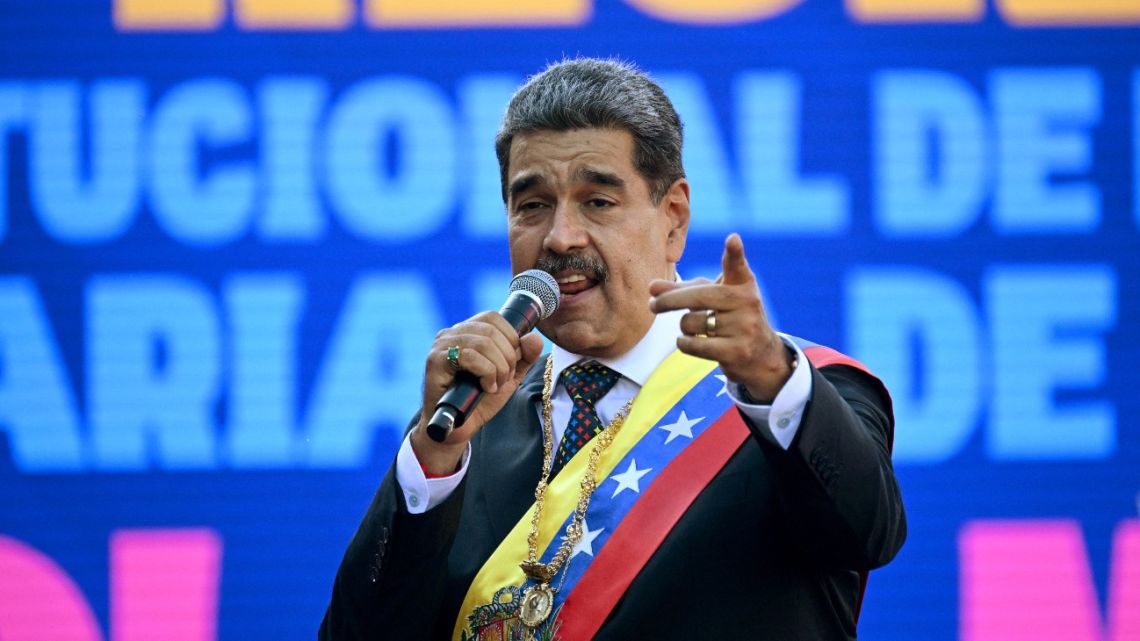 Venezuela's President Nicolás Maduro delivers a speech in front of Miraflores presidential palace in Caracas on January 10, 2025. Maduro, in power since 2013, took the oath of office for a third term despite a global outcry that brought thousands out in protest on the ceremony's eve.