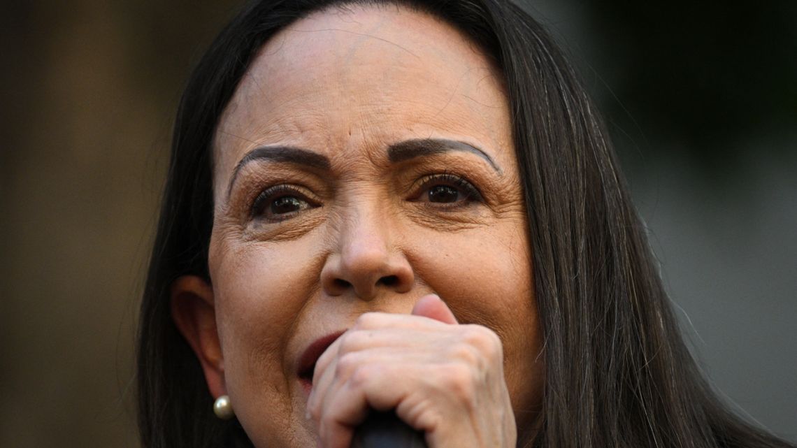 María Corina Machado addresses supporters during a protest called by Venezuela’s opposition on the eve of President Nicolás Maduro’s presidential inauguration, in Caracas on January 9, 2025. 