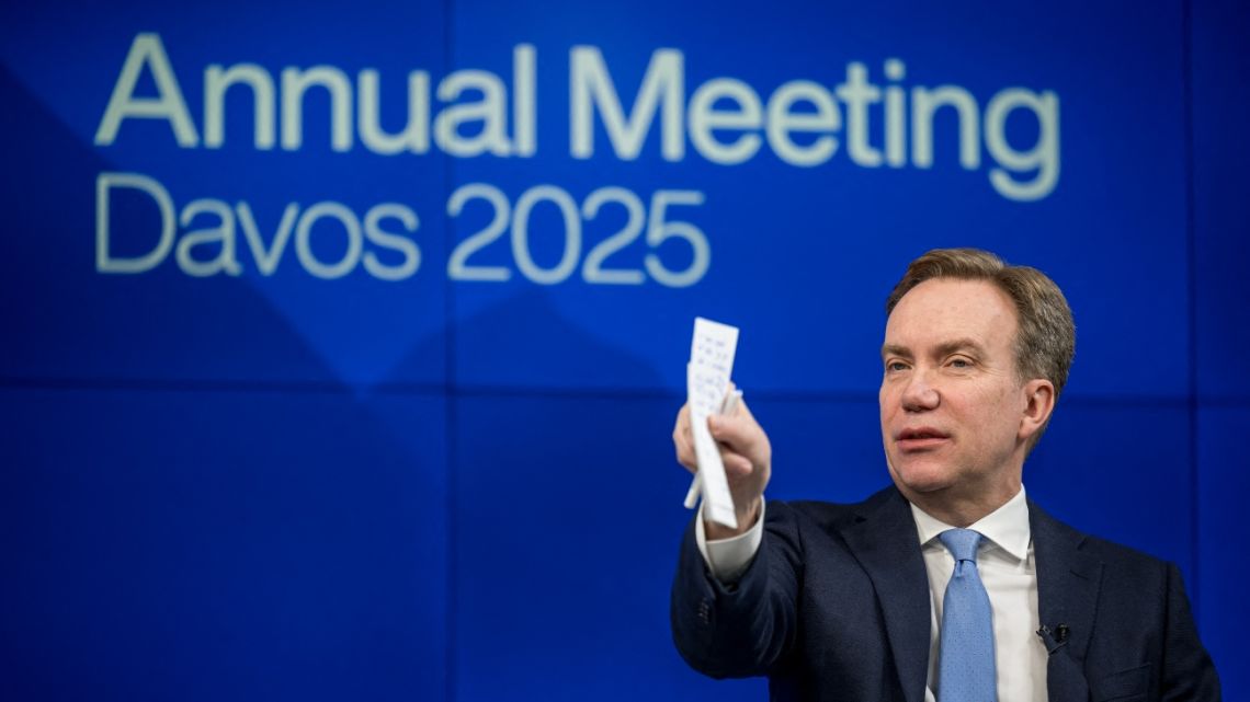 World Economic Forum president and CEO Borge Brende gestures during a press conference to present the upcoming WEF annual meeting held in Davos, in Geneva, on January 14, 2025.