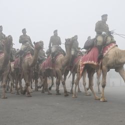 Soldados montados en camellos de la fuerza de seguridad fronteriza (BSF) participan en los ensayos para el próximo desfile del Día de la República en medio de una densa niebla en una fría mañana de invierno, en Nueva Delhi, India. | Foto:ARUN SANKAR / AFP