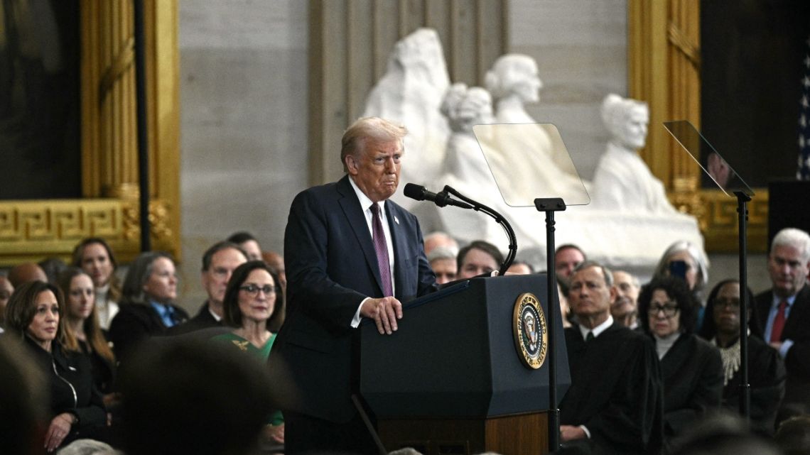 US President Donald Trump delivers his inaugural address after being sworn in as the 47th president of the United States in the Rotunda of the US Capitol on January 20, 2025 in Washington, DC.