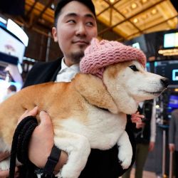 Achi (el perro del famoso meme dogwifhat) se ve en la campana de apertura de la Bolsa de Valores de Nueva York en Nueva York. Foto de TIMOTHY A. CLARY / AFP | Foto:AFP